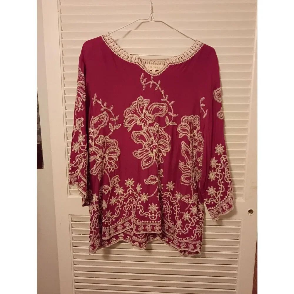 Solitaire Raspberry Tunic with Cream Floral Embroidery - Picture 2 of 5